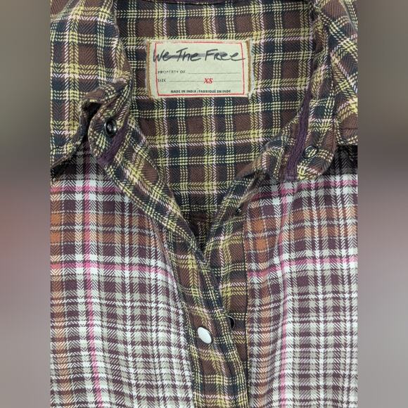 New We The Free Boyfriend Plaid Shirt XS brown combo LAYER IT UP flannel top - Picture 5 of 9